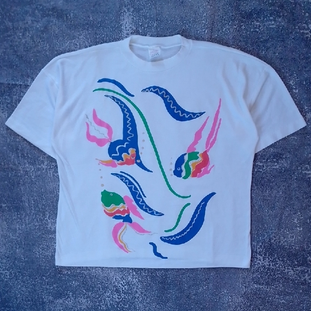 Vintage 90s AVON Swimming COLOURFUL FISH SINGLE STITCH T-SHIRT - Picture 5 of 10